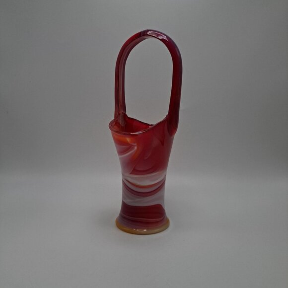 Imperial Slag Glass Basket Swirled Red & White Design Vintage Decorative Piece - Picture 5 of 16